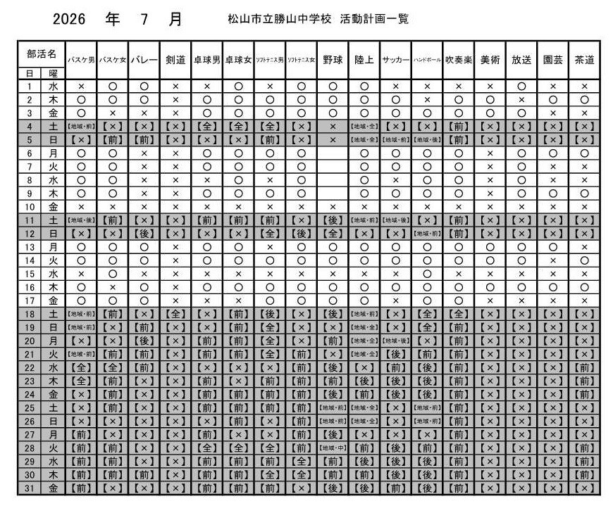 ７月部活動計画